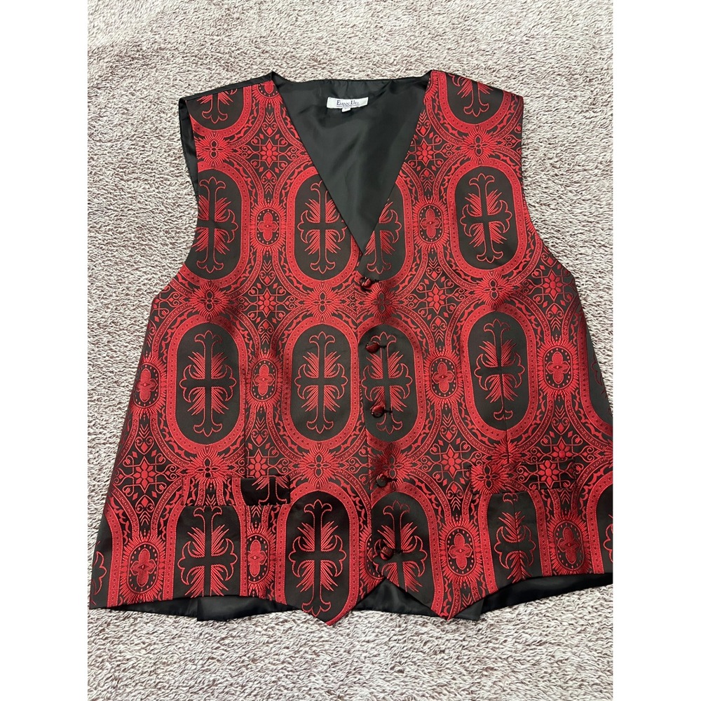 Eman Uel GGG Mens 3XL Black Red Cross Gothic Brocade Formal Vest Waistcoat